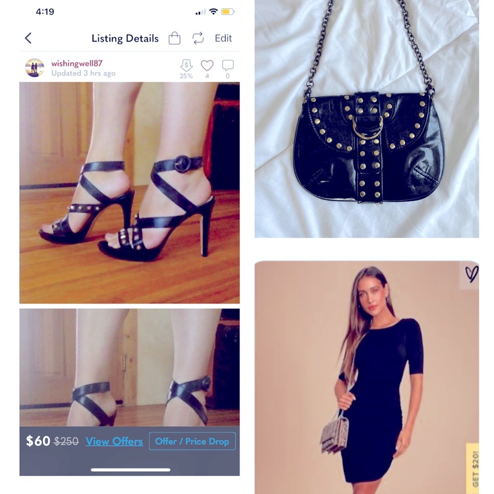 Bad girl outfit. Black bodycon dress, Italian studded heels, and mini purse